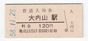 ★国鉄★大内山駅★120円★入場券★硬券★昭和58年