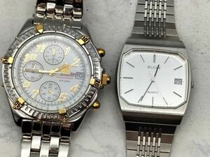 S58 不動品 エルジン ELGIN クロノグラフ スクエア クオーツ メンズ 腕時計 デイト 2点セット