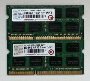 【中古２枚組】Transcend ノートPC用 PC3-12800 DDR3-1600 8GB