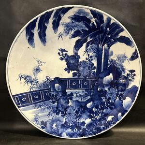 [. Tsu ] work of art old Imari Imari white porcelain Velo Indigo blue and white ceramics 100 flower .. map one shaku three shaku half (40.8.) large plate decoration large plate floor between decoration box none S120