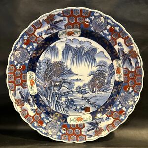 【奈津】　美術品　有田焼　肥前焼　白磁金彩色色絵　山水賢人図　一尺三寸（40㎝）大皿　さわち皿　飾り大皿　床の間飾り　箱なし