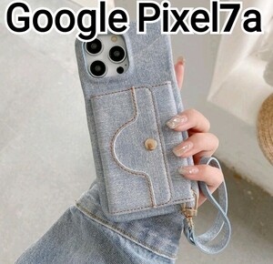 GooglePixel7a ケース　ライトブルー　デニム風　カードケース　ミラー