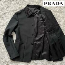 未使用級 17ss PRADA モヘアラナウール シャツジャケット 切替 襟付き ボタンダウン ブラック 黒 ミウッチャプラダ メンズ 48R L〜XL位_画像1