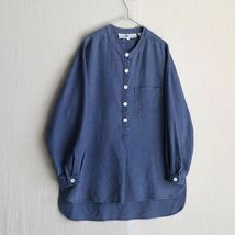 【100%リネン】90s USA vintage プルオーバー シャツ / レディース ネイビー バンドカラー ビンテージ T4-03117-9319_画像1