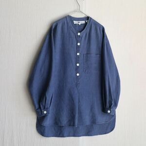 【100%リネン】90s USA vintage プルオーバー シャツ / レディース ネイビー バンドカラー ビンテージ T4-03117-9319