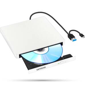 DETROVA 外付けDVD/CDドライブ DVDレコ CD/DVD-Rプレイヤー USB3.0&Type-C両用ケーブル Window/Linux/Mac OS対応 読み出し&書き込み