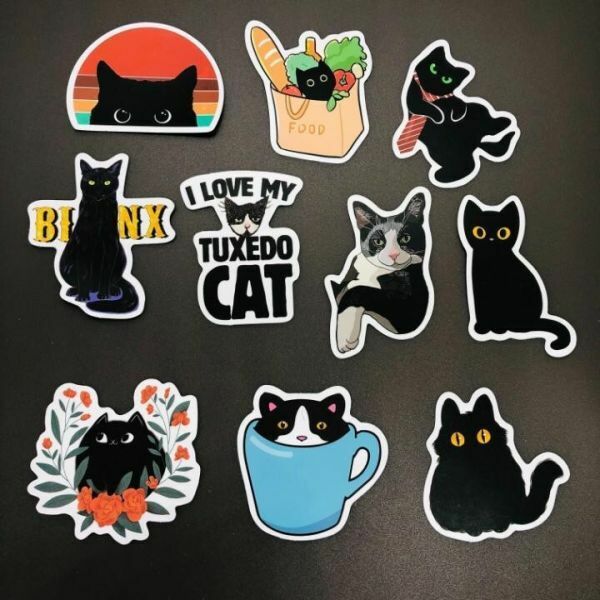 防水ステッカー　10枚セット　『 ペット　猫　ネコ　CAT　黒ネコ　可愛い 』　　(STK032)