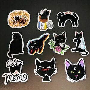 防水ステッカー　10枚セット　『 ペット　猫　ネコ　CAT　黒ネコ　可愛い 』　　(STK027)