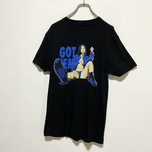 アメリカ古着　美女　セクシー　微エロ　プリント　半袖　Tシャツ　ビッグプリント　 ブラック　クルーネック　【I76】