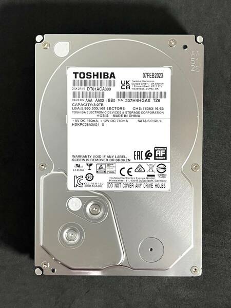 【送料無料】 ★ 3TB ★　TOSHIBA　/　DT01ACA300 【使用時間： 14 ｈ】 2023年製 新品同様 3.5インチ 内蔵HDD　AVコマンド対応 SATA 東芝