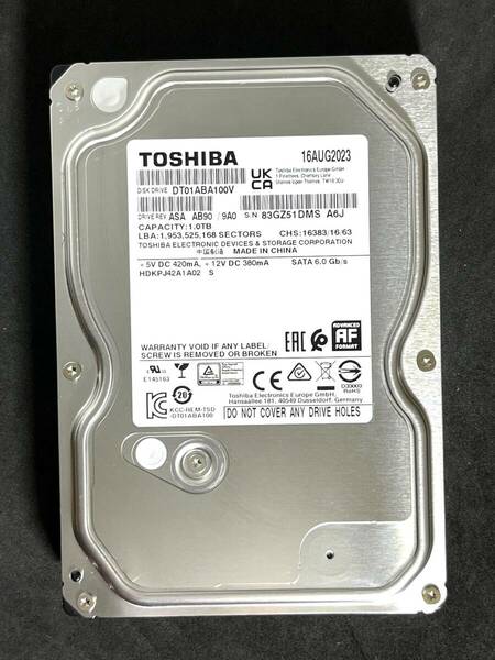 【送料無料】 ★ 1TB ★　TOSHIBA / DT01ABA100V 【使用時間： 140 ｈ】2023年製　稼働極少　3.5インチ内蔵 HDD SATA 東芝　AVコマンド対応