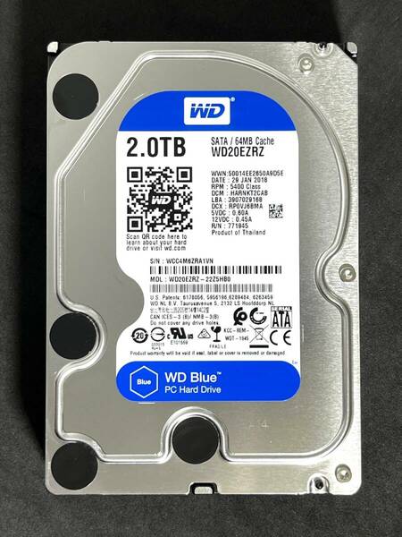 【送料無料】　★ 2TB ★　WD Blue　/　WD20EZRZ　【使用時間：10 ｈ】2018年製　新品同様　3.5インチ内蔵HDD　Western Digital Blue SATA