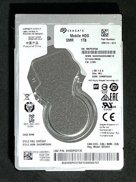 【送料無料】 ★ 1TB ★　Seagate　/　ST1000LM035　【使用時間：1392ｈ】　良品　2.5インチ 内蔵HDD　7mm厚/5400rpm/128MB/SATA