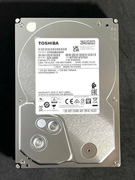 【送料無料】　★ 4TB ★　TOSHIBA / DT02ABA400V　【使用時間： 10 ｈ】　2023年製　新品同様　3.5インチ内蔵HDD　SATA　AVコマンド対応　