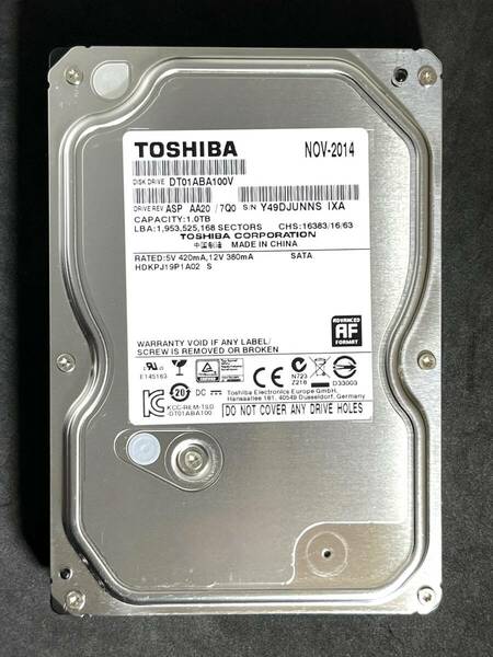 【送料無料】 ★ 1TB ★　TOSHIBA / DT01ABA100V 【使用時間： 51400 ｈ】 良品　3.5インチ内蔵 HDD　SATA　東芝　AVコマンド対応