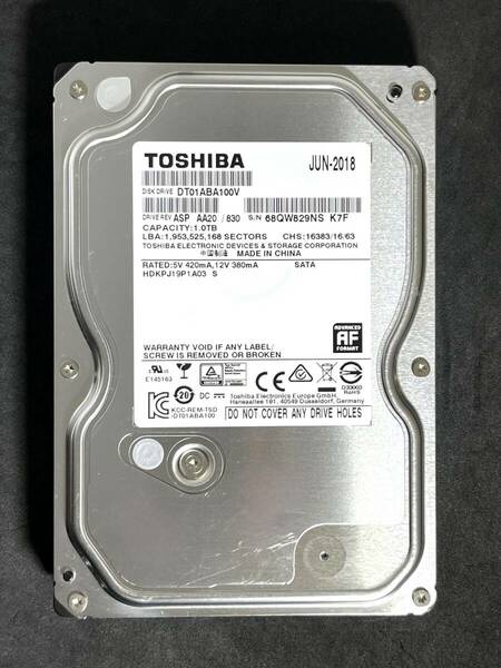 【送料無料】 ★ 1TB ★　TOSHIBA / DT01ABA100V 【使用時間： 31403 ｈ】 良品　3.5インチ内蔵 HDD　SATA　東芝　AVコマンド対応