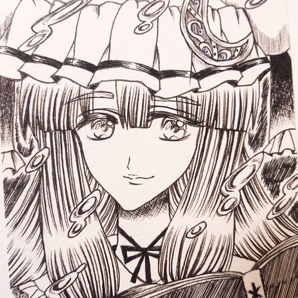 Self-made Hand-Drawn artwork illustration ☆ Postcard size pen drawing ☆ Patchouli Knowledge ☆ Reading ☆ Touhou Project ☆ Monochrome ☆ Posca ☆, comics, anime goods, hand drawn illustration