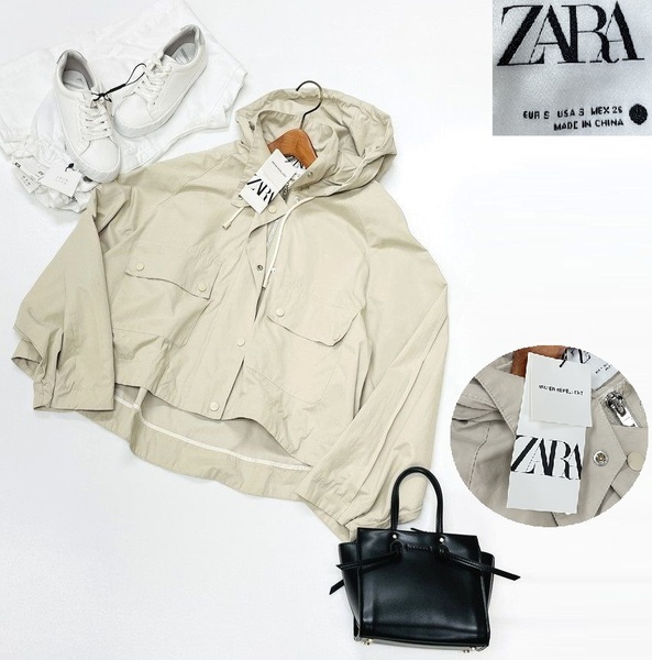 【S】ZARA アイボリー ウォーターレぺレントジャケット レディース タグ カジュアルアウター通勤フェミニン大人可愛いフード デイリー ザラ