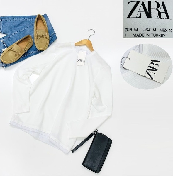 【M】ZARA ホワイト フェイクレイヤードロンティ メンズ レディース タグ オフィスカジュアル大人コーデ長袖トップス白 通勤 デイリー ザラ