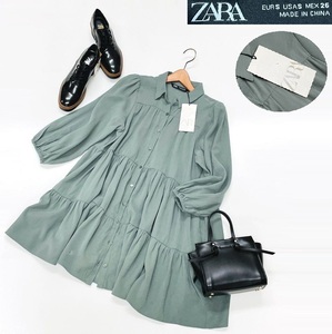 未使用品 /S/ ZARA グリーン シャツワンピース レディース タグ カジュアル ボタン 通勤 フェミニン 大人可愛い緑 ガーリー デイリー ザラ