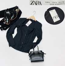 【L】ZARA ブラック 長袖ボタンブラウス レディース タグ カジュアルフォーマル トップス通勤フェミニン 大人可愛いガーリー デイリー ザラ_画像1