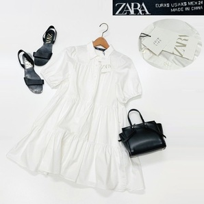 【XS】ZARA ホワイト 半袖フレアシャツワンピース レディース タグ カジュアル フェミニン 大人可愛い白ガーリー フォーマル デイリー ザラ