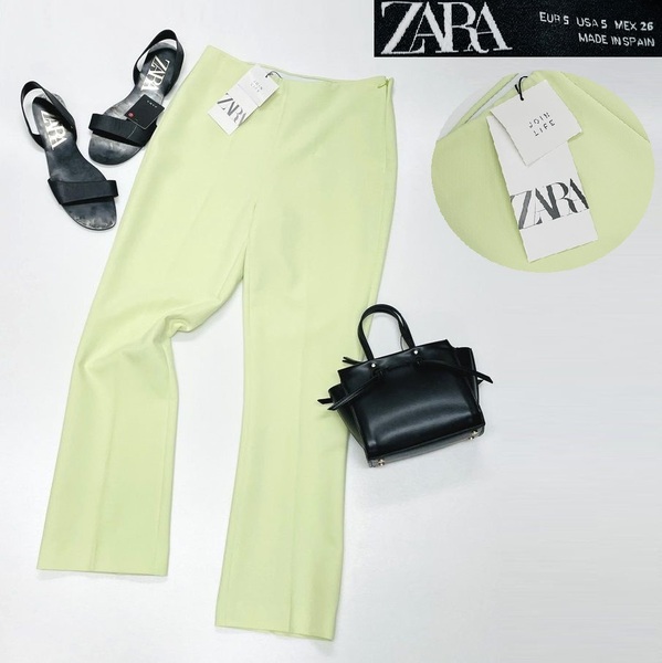 【S】ZARA グリーン フレアパンツ レディース タグ カジュアル ボトム 通勤センタープレス フェミニン 綺麗大人可愛いミント デイリー ザラ