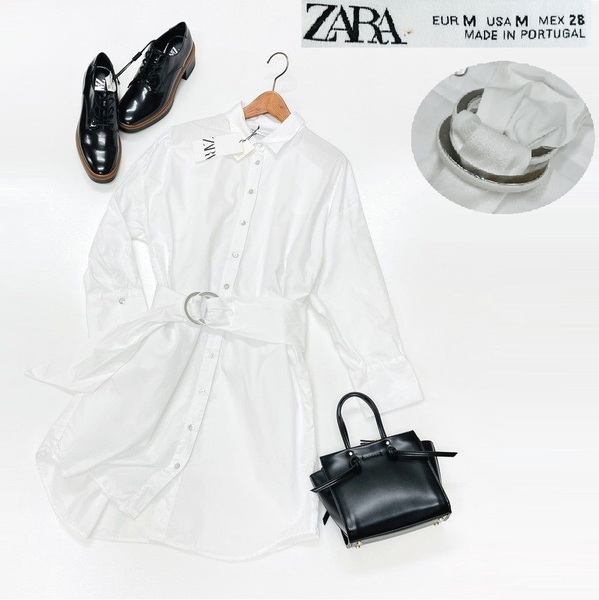 【M】ZARA ホワイト ポプリンシャツドレス レディース タグ カジュアル ワンピース通勤フェミニンボタン大人可愛い白ベルト デイリー ザラ