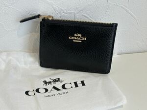 ■【美品】コーチ COACH コイン＆カード パスケース レザー ブラック キーチェーン付き 未使用 保管品