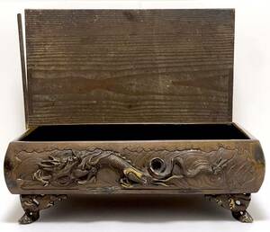 [ antique ] tree box case attaching sand pot copper made water feature sculpture dragon phoenix antique . virtue 