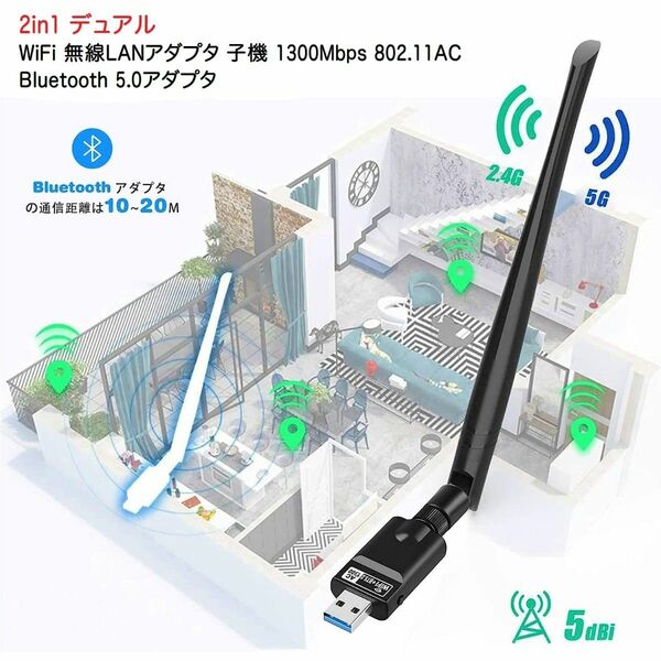 2in1 WiFi 無線LAN 子機 1300Mbps Bluetooth5.0