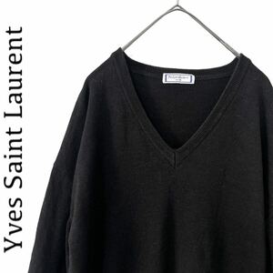 【送料無料】YSL イブサンローラン　ワンポイント ロゴ刺繍　ニット　セーター　メンズ　L ブラック　黒　Yves Saint Laurent