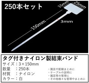 【普通郵便送料無料！】タグ付き結束バンド タイラップ インシュロック ナイロン製 3×150mm 250本セット