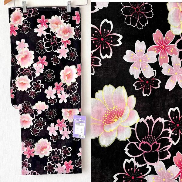 ◆新品 浴衣単品 スクリーン染 黒地に八重桜