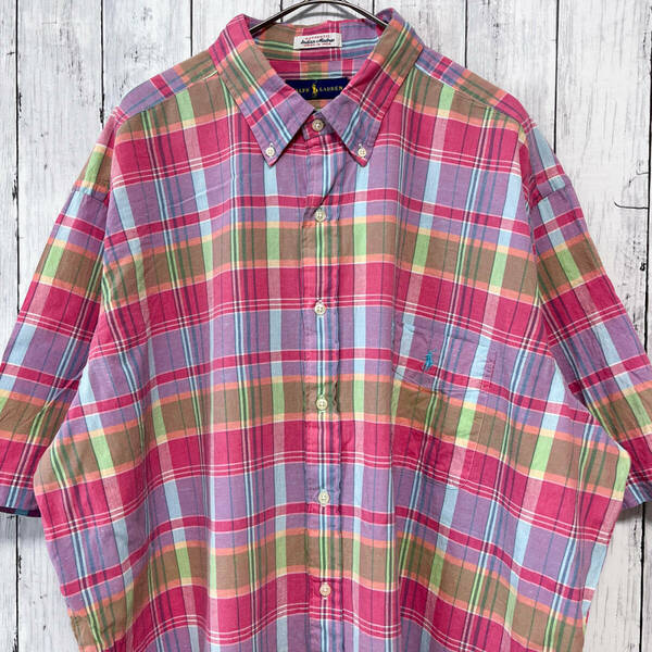 ラルフローレン Ralph Lauren Indian Madras チェックシャツ 半袖シャツ メンズ ワンポイント レーヨン16％ コットン84% 2XLTサイズ 5‐676