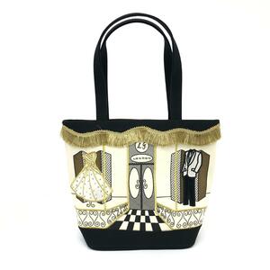 良好◆LULU GUINNESS ルルギネス トートバッグ◆ ブラック/ホワイト キャンバス ドレス ショーウインドウ レディース bag 鞄