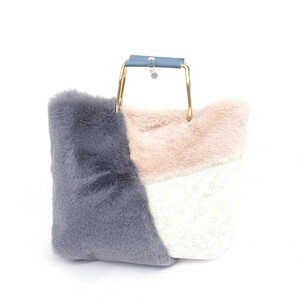 美品◆近沢レース チカザワレース ハンドバッグ◆ ホワイト/グレー/ピンク フェイクファー バイカラー レディース bag 鞄