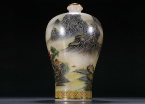 【清】某有名収集家買取品 中国・大清乾隆年製 料器 画琺瑯山水楼閣人物文梅瓶 極細工 中国古美術 唐物古董品