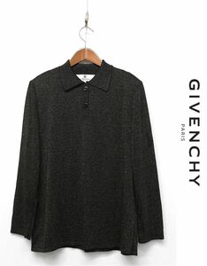 H366/美品 GIVENCHY 長袖ニットポロシャツ ブラウス サマーニット ストレッチ ロゴ 42 XL 光沢 ラメ 黒 金