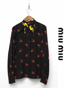 HGD-Z009/miumiu long sleeve blouse shirt total pattern tsubame pattern bird pattern silk thin 40 L black Italy made /PRADA Prada 