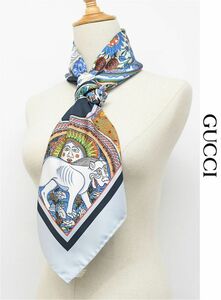 HGC-X255/極美品 GUCCI 大判スカーフ ショール 総柄 プレート柄 花柄 シルク イタリア製 箱付き