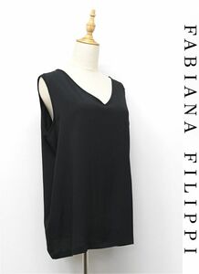 HGD-Z006/美品 FABIANA FILIPPI ノースリーブブラウス チェーン シルク混 Vネック 46 XL~XXL相当 黒 大きいサイズ