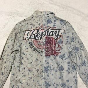 REPLAY リプレイ【貴重なアシンメトリーデザイン】花柄総柄 長袖シャツ ボタンダウンシャツ バッグビッグロゴ Lサイズ