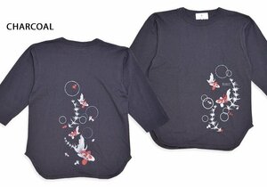 金魚に水草七分袖Tシャツ◆喜人 チャコールXXLサイズ KJ-42005 和柄 和風 きんとと 七部 半端袖 きじん