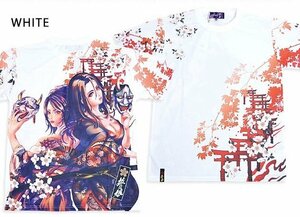 抜刀娘【美麗】 桜舞う娘達の半袖Tシャツ◆抜刀娘 ホワイトXLサイズ 242880 昇華転写 和柄 和風 着物 花魁 舞妓