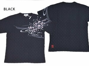 桜流水ブロックジャガードVネック半袖Tシャツ◆絡繰魂 ブラックMサイズ 242066 和柄 和風 刺繍 さくら サクラ