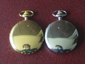 [ pocket watch unused ] Gold * silver 2 piece character large easily viewable battery exchange after shipping 