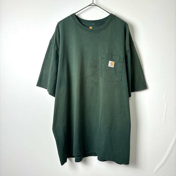 Carhartt 刺繍ロゴ ポケット Tシャツ 厚手 フェード グリーン XL