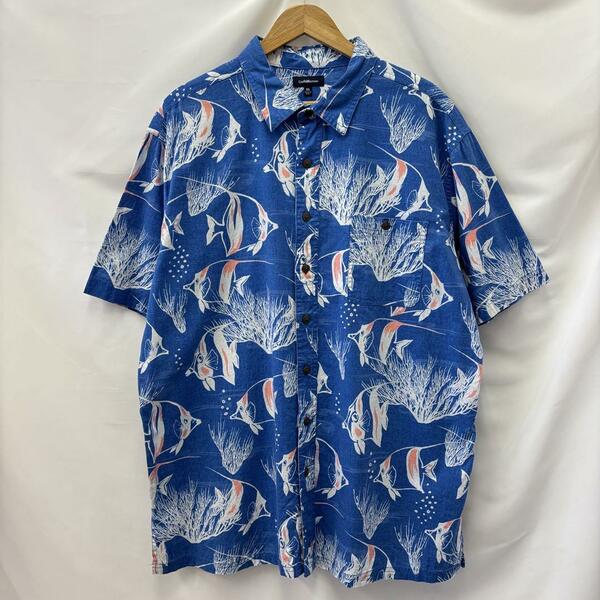 USA古着 シャツ 半袖 柄シャツ アロハ 総柄 魚 珊瑚 サンゴ ブルー XL