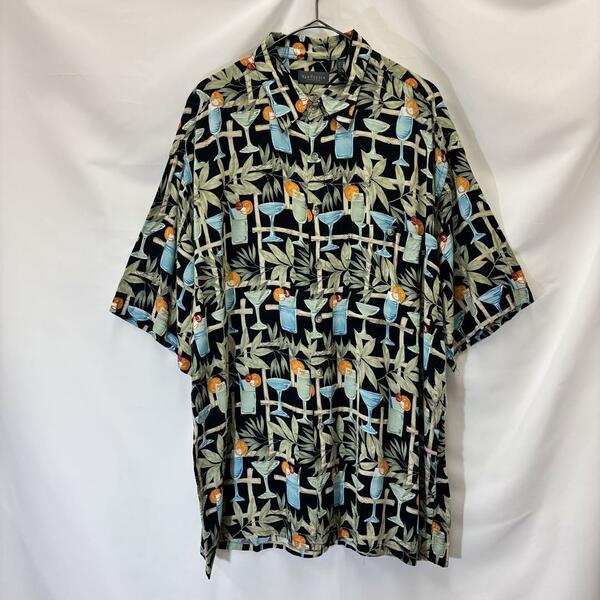 90s USA古着 柄シャツ アロハ カクテル お酒 総柄 レーヨン 黒 XL